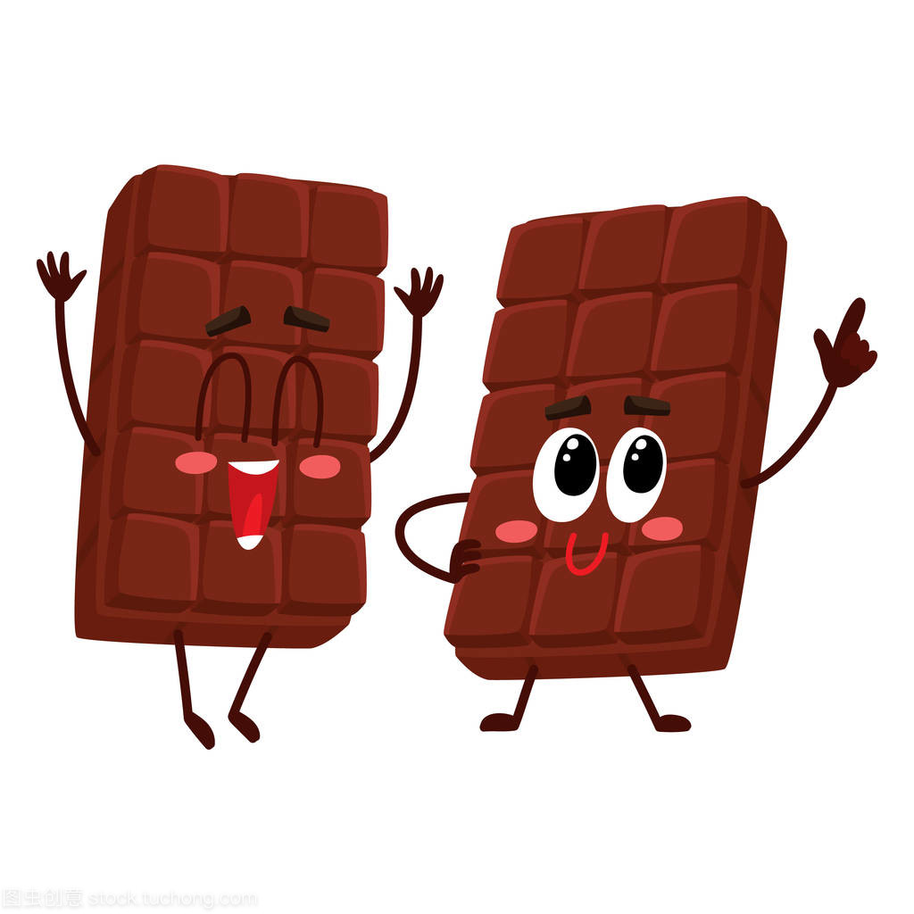 两个有趣的巧克力棒人物,一个兴奋地跳